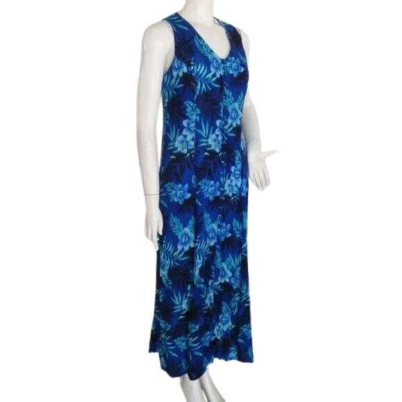 Vintage DAWN JOY Maxi Dress, 7/8, Blue Floral, Crossed back, Buttons, Sleeveless - Picture 3 of 12